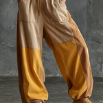 ElevenOra Chic Elegant Beige- Mustard Yellow-Camel Colorblock Elastic Waist Cotton Blend Wide-Leg Pants