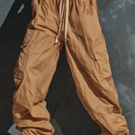 ElevenOra Chic Elegant Camel High Waist Drawstring Patch Pocket Crinkled Nylon Cargo Wide-Leg Pants