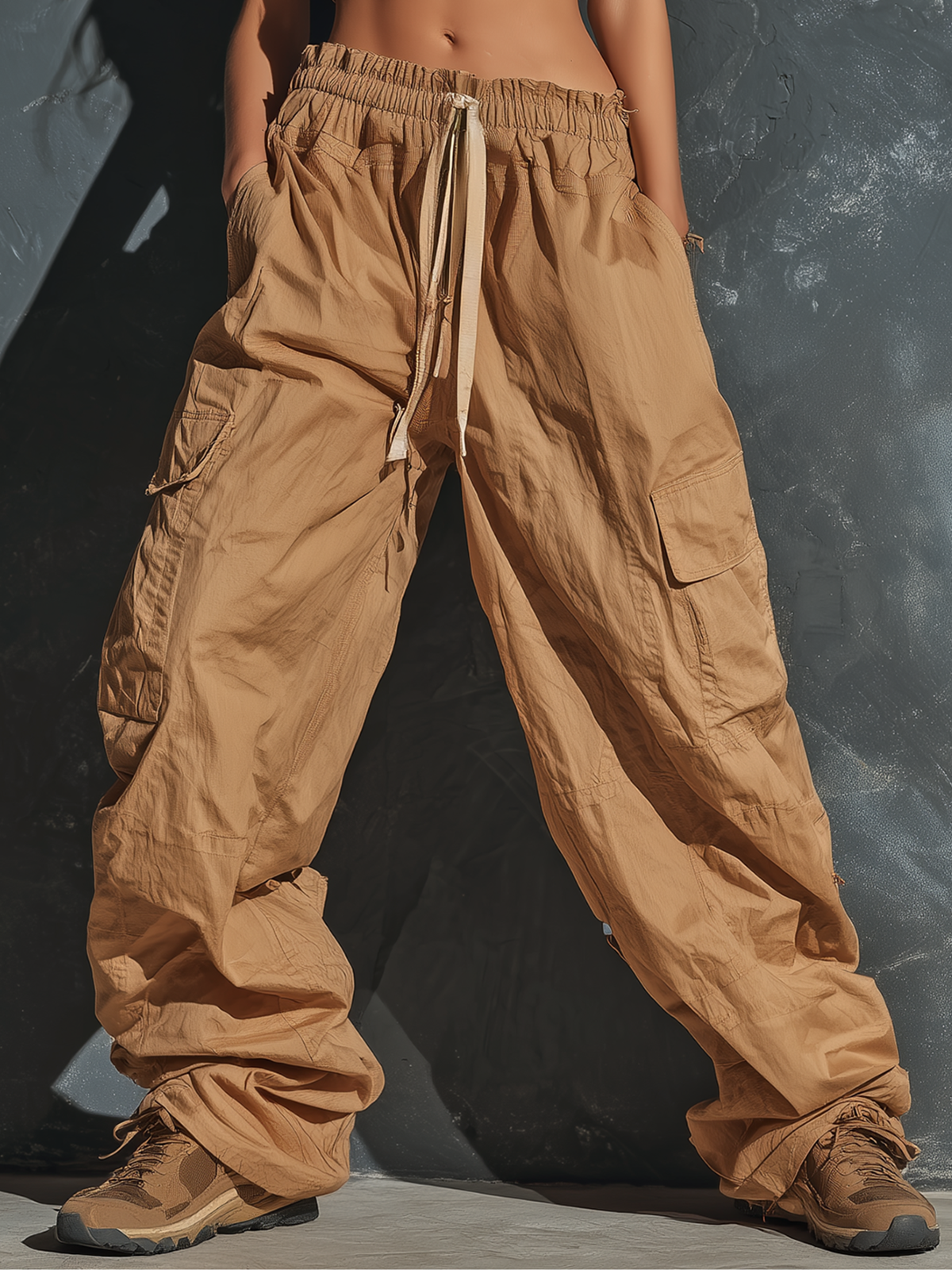ElevenOra Chic Elegant Camel High Waist Drawstring Patch Pocket Crinkled Nylon Cargo Wide-Leg Pants