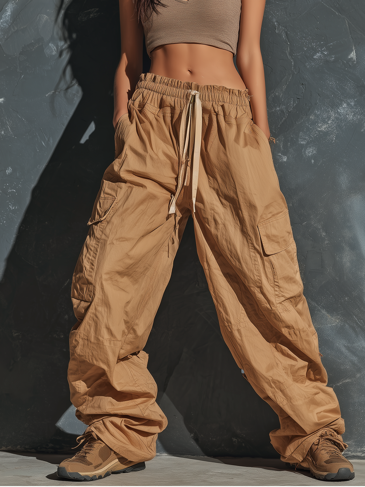 ElevenOra Chic Elegant Camel High Waist Drawstring Patch Pocket Crinkled Nylon Cargo Wide-Leg Pants