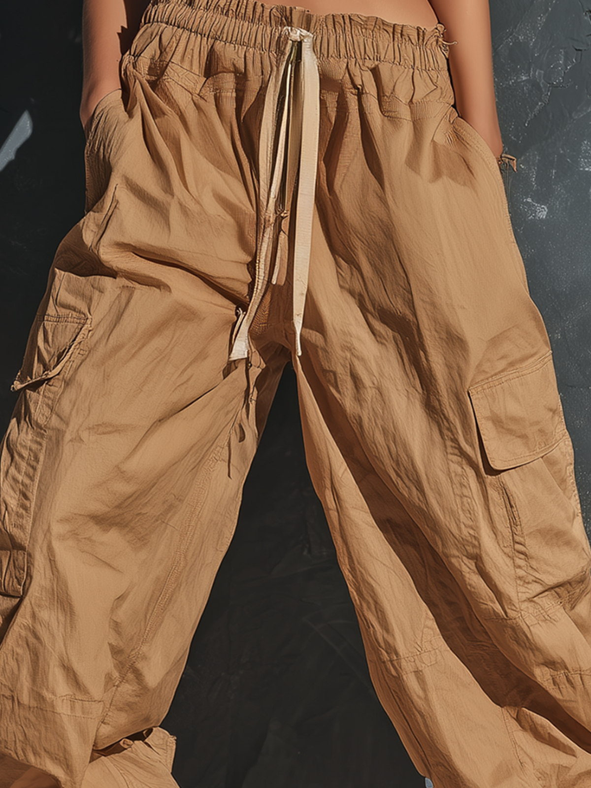 ElevenOra Chic Elegant Camel High Waist Drawstring Patch Pocket Crinkled Nylon Cargo Wide-Leg Pants