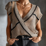 ElevenOra Chic Elegant Light Brown Deep V-Neck Sleeveless Contrast Stripe Detail Loose-Fit Knit Vest Top