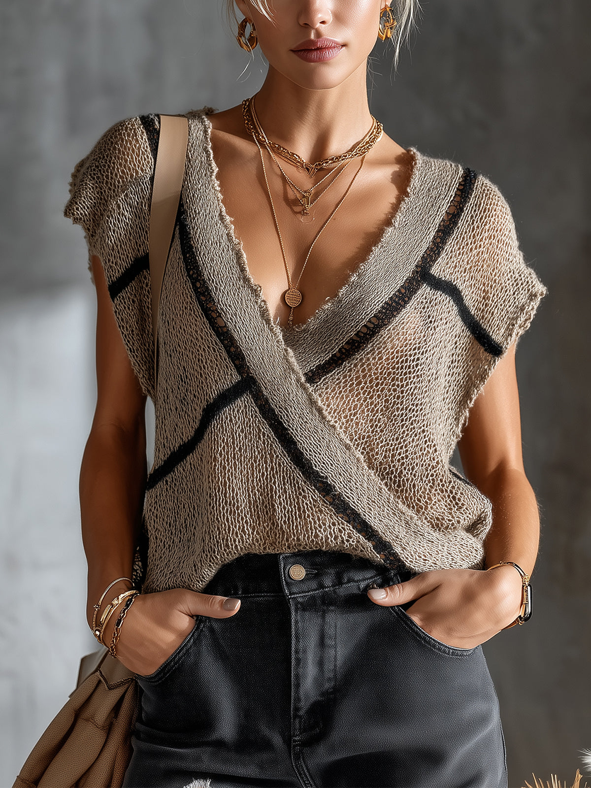 ElevenOra Chic Elegant Light Brown Deep V-Neck Sleeveless Contrast Stripe Detail Loose-Fit Knit Vest Top