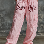 ElevenOra Chic Elegant Pink Letter Print High Waist Drawstring Patch Pocket Cotton Blend Wide-Leg Pants