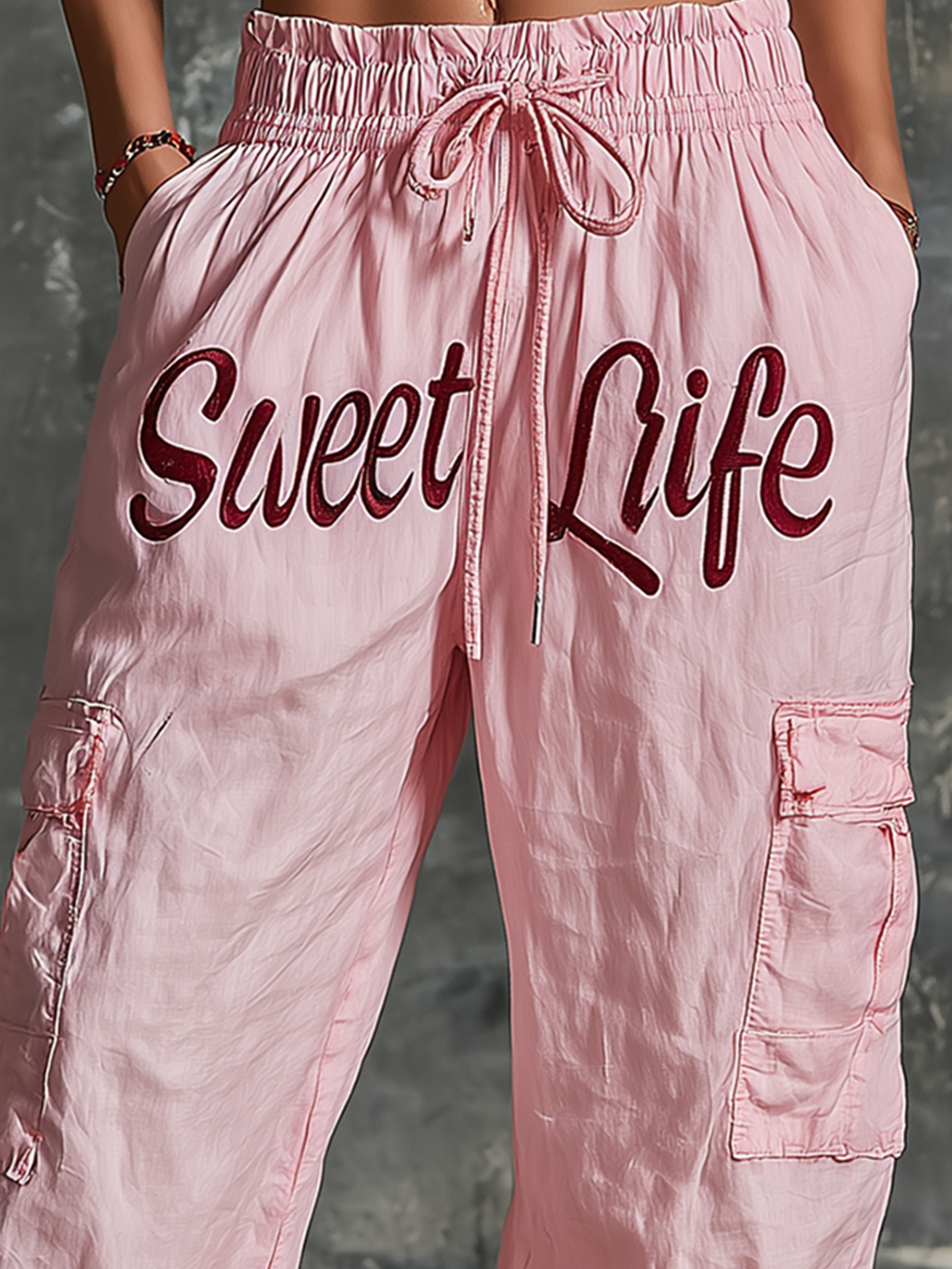 ElevenOra Chic Elegant Pink Letter Print High Waist Drawstring Patch Pocket Cotton Blend Wide-Leg Pants