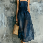 ElevenOra Chic Elegant Navy Blue Subtle Stripes Wide Spaghetti Straps Square Neck Sleeveless Elastic Smocked A-line Sheer Chiffon Midi Dress