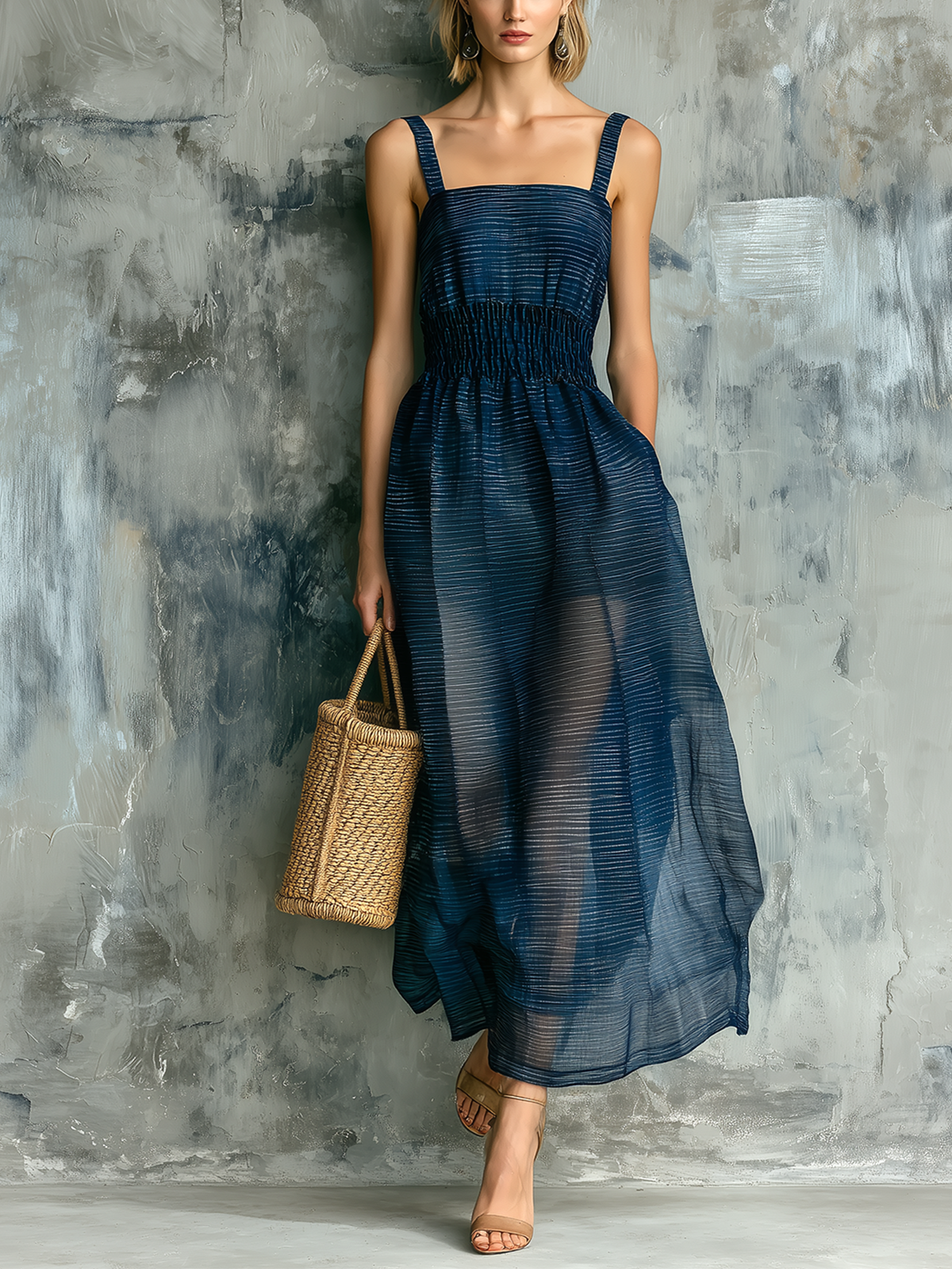 ElevenOra Chic Elegant Navy Blue Subtle Stripes Wide Spaghetti Straps Square Neck Sleeveless Elastic Smocked A-line Sheer Chiffon Midi Dress