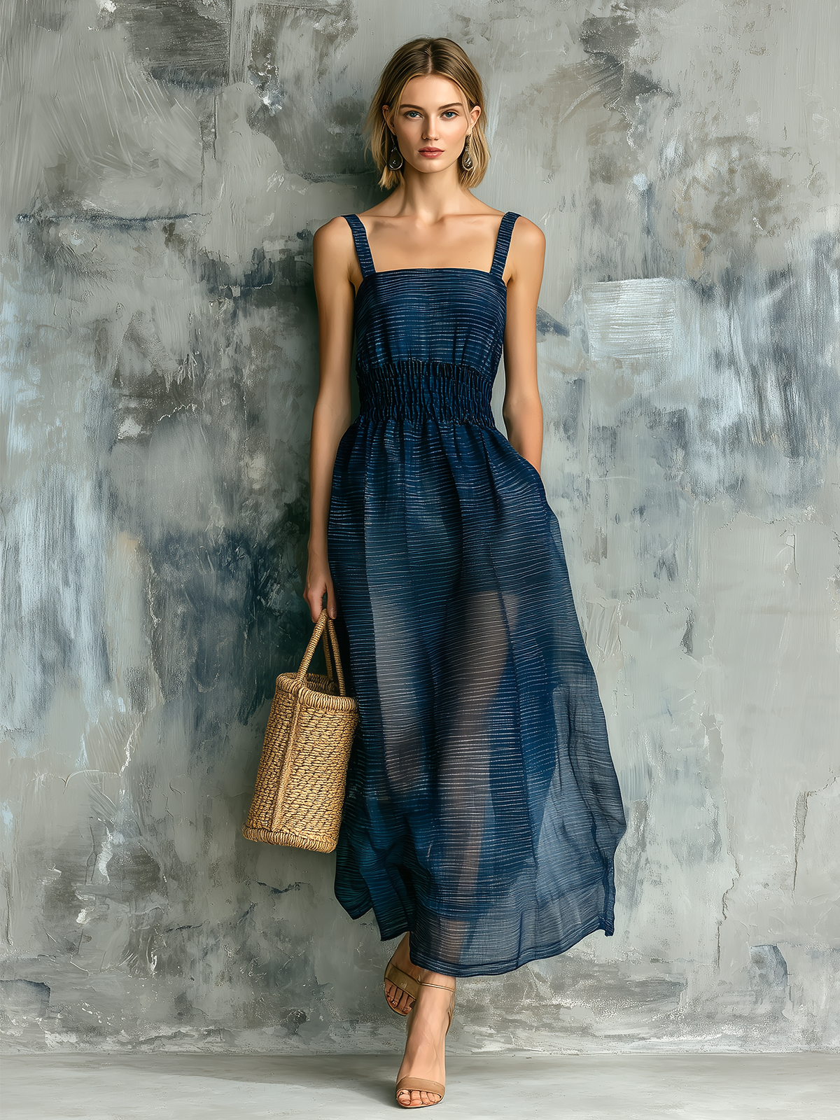 ElevenOra Chic Elegant Navy Blue Subtle Stripes Wide Spaghetti Straps Square Neck Sleeveless Elastic Smocked A-line Sheer Chiffon Midi Dress