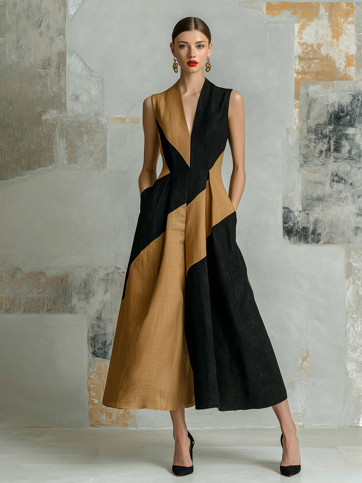 ElevenOra Chic Elegant Black-Camel Colorblock V-Neck Sleeveless A-line Cotton-Linen Blend Midi Dress