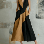 ElevenOra Chic Elegant Black-Camel Colorblock V-Neck Sleeveless A-line Cotton-Linen Blend Midi Dress