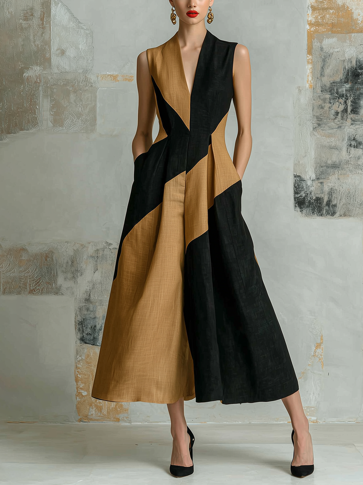 ElevenOra Chic Elegant Black-Camel Colorblock V-Neck Sleeveless A-line Cotton-Linen Blend Midi Dress