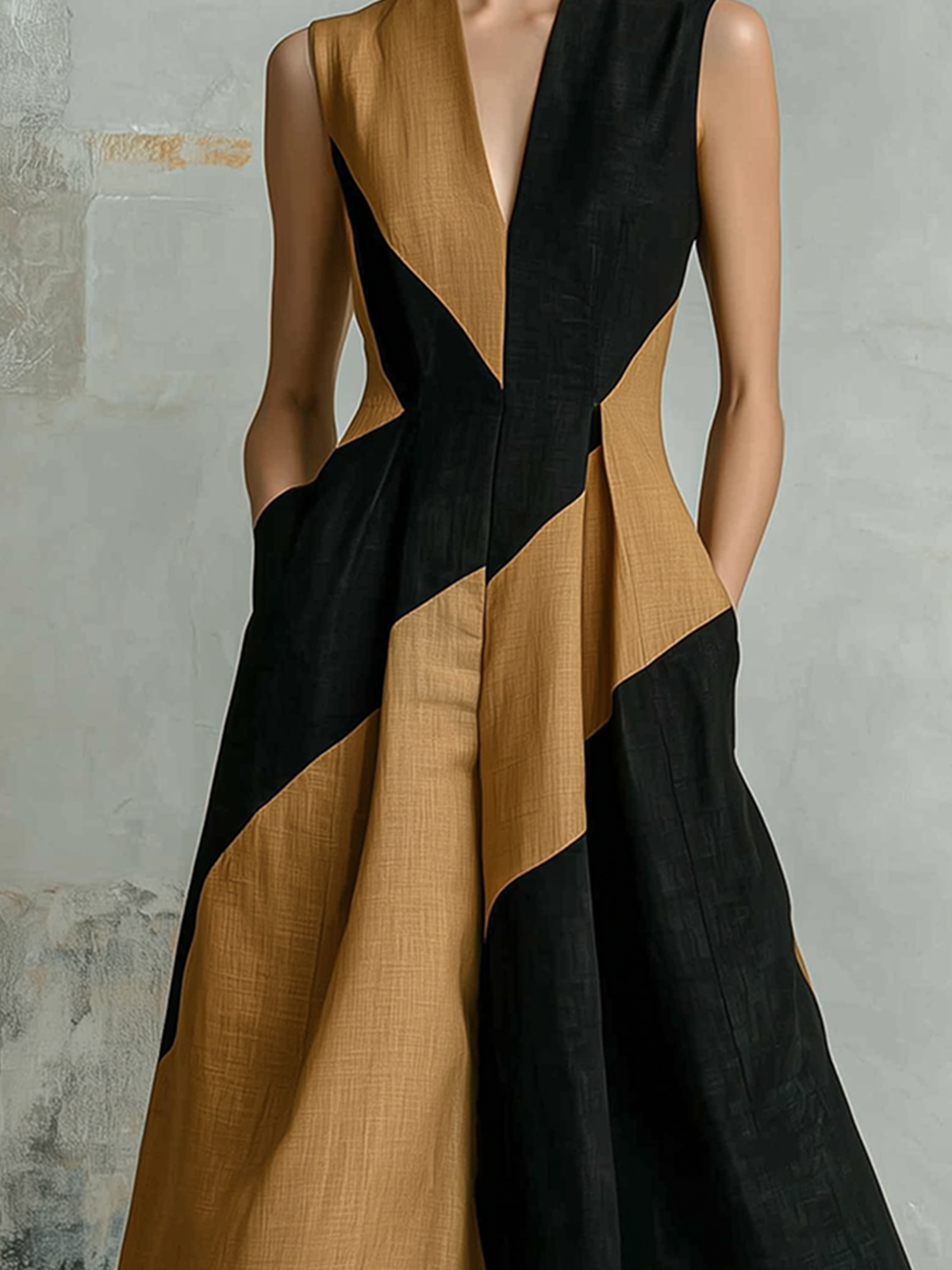 ElevenOra Chic Elegant Black-Camel Colorblock V-Neck Sleeveless A-line Cotton-Linen Blend Midi Dress