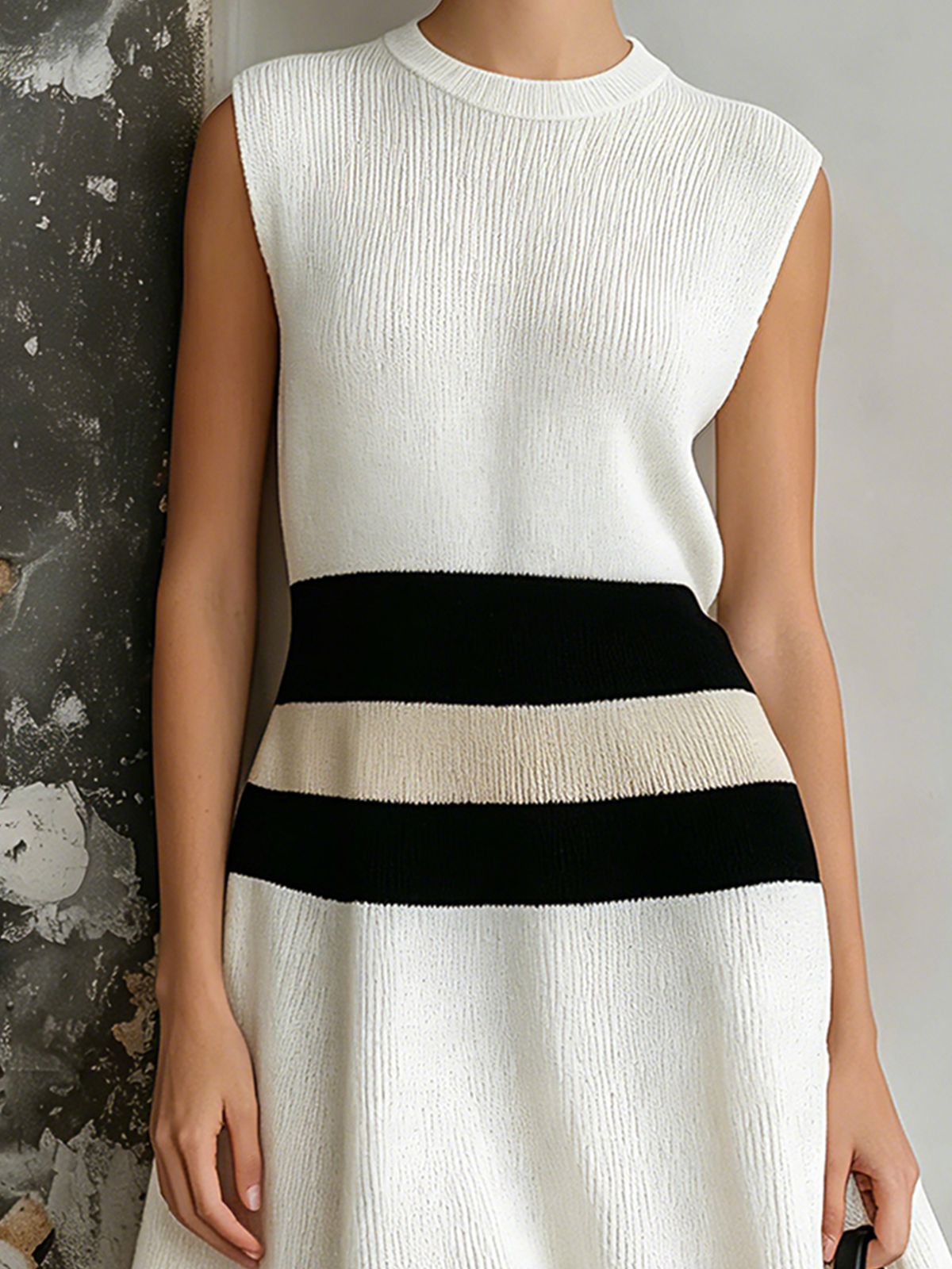 ElevenOra Chic Elegant White Round Neck Contrast Trim Sleeveless A-line Loose-Fit Knit Midi Dress