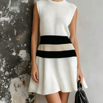 ElevenOra Chic Elegant White Round Neck Contrast Trim Sleeveless A-line Loose-Fit Knit Midi Dress