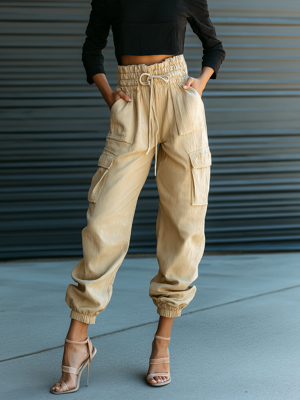 ElevenOra Chic Casual Beige Cotton Blend Drawstring Elastic Waist Multi-Pocket Cuffed Cargo Pants