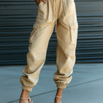 ElevenOra Chic Casual Beige Cotton Blend Drawstring Elastic Waist Multi-Pocket Cuffed Cargo Pants