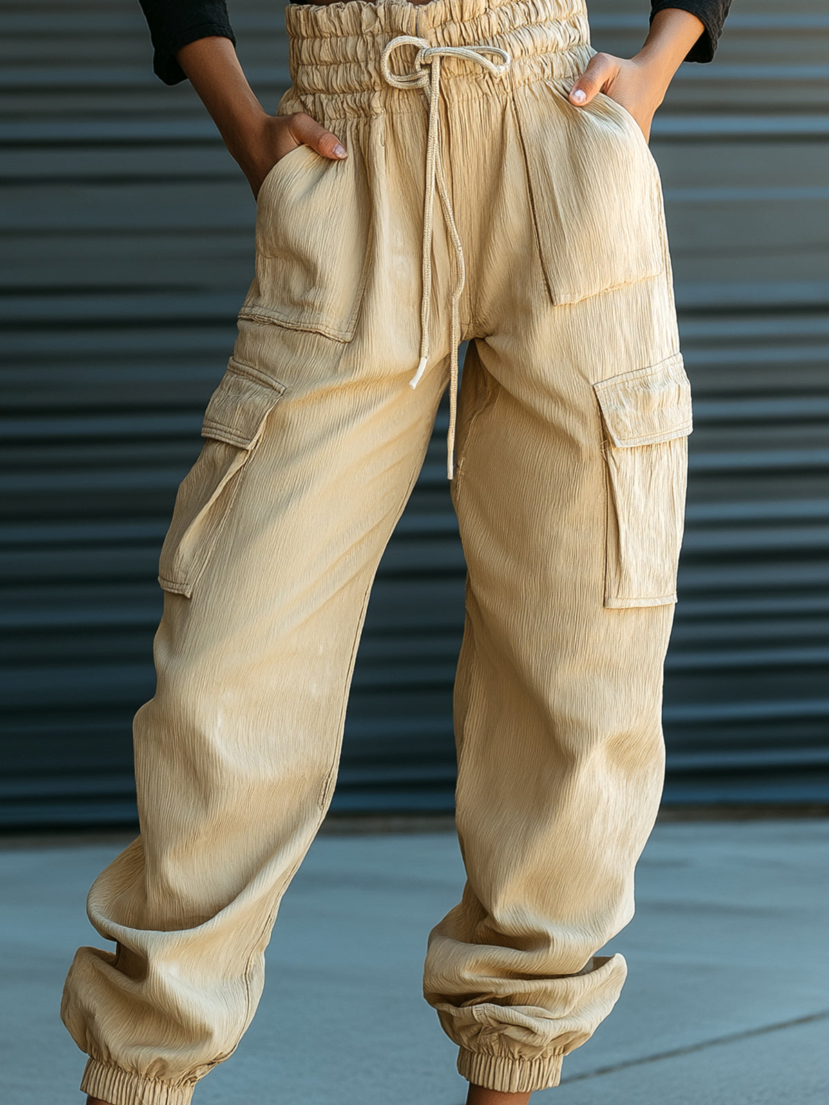 ElevenOra Chic Casual Beige Cotton Blend Drawstring Elastic Waist Multi-Pocket Cuffed Cargo Pants