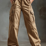 ElevenOra Chic Casual Camel Cotton Washed Multi-Pocket Loose-Fit Wide-Leg Cargo Pants