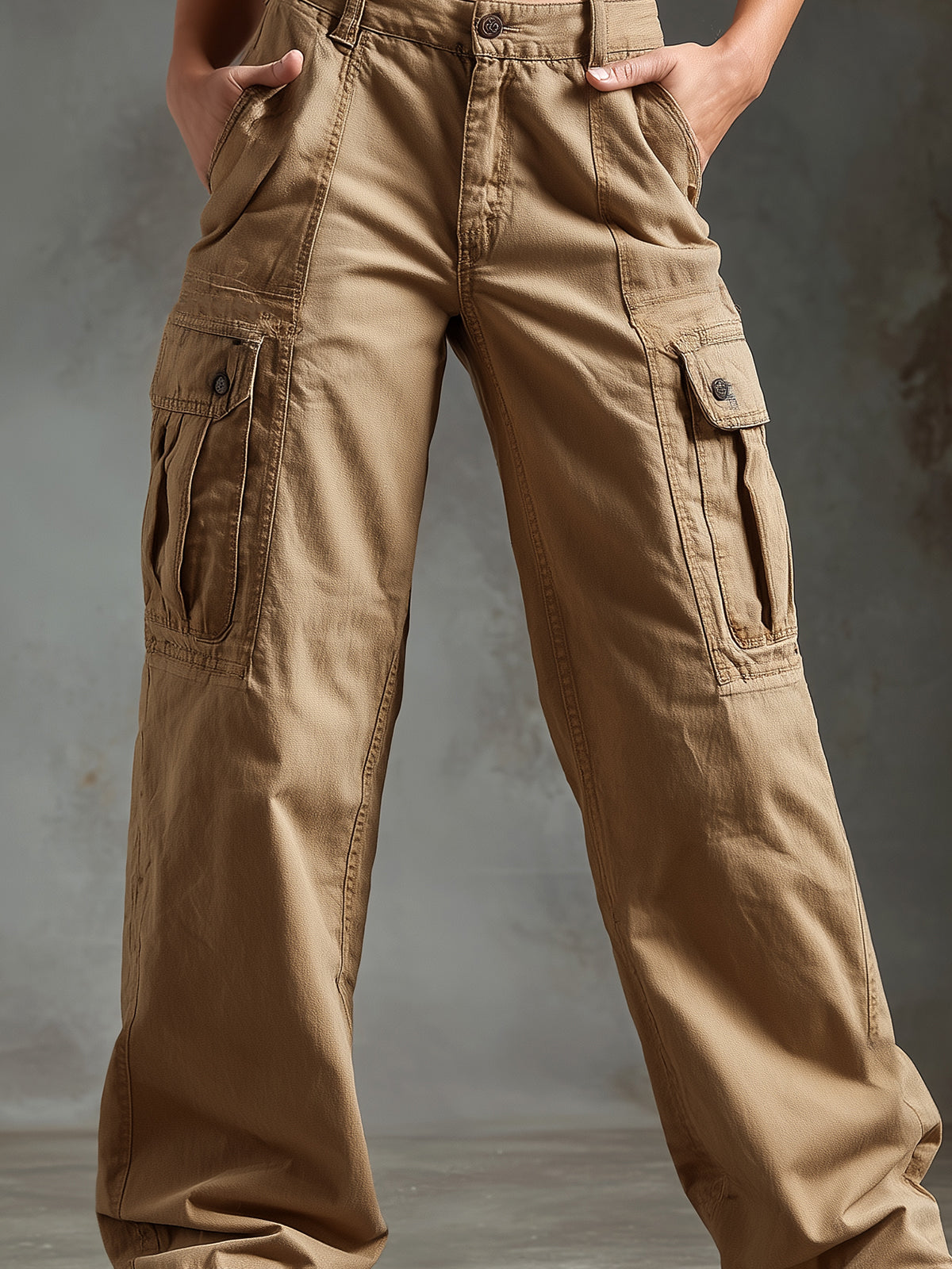 ElevenOra Chic Casual Camel Cotton Washed Multi-Pocket Loose-Fit Wide-Leg Cargo Pants