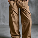 ElevenOra Chic Elegant Camel Waist Drawstring Patch Pocket  Loose-Fit Cotton Blend Wide-Leg Pants