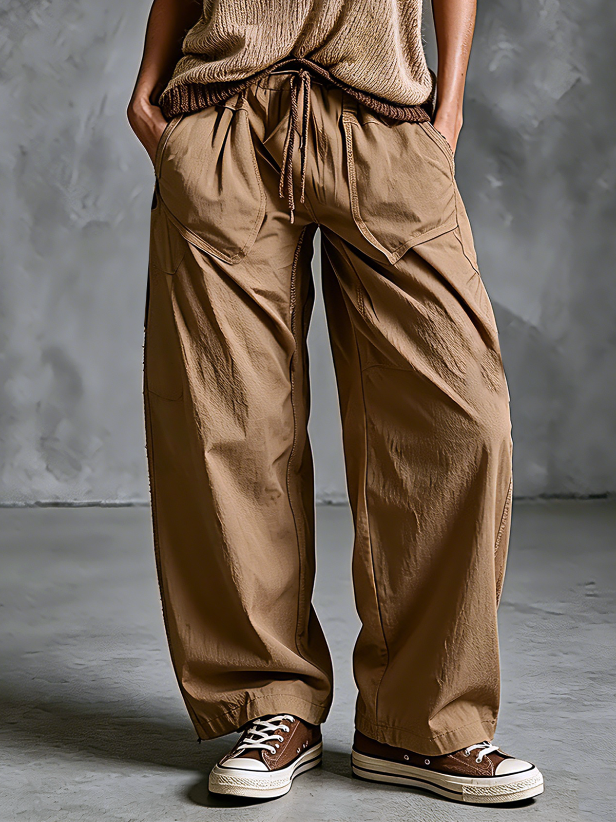 ElevenOra Chic Elegant Camel Waist Drawstring Patch Pocket  Loose-Fit Cotton Blend Wide-Leg Pants