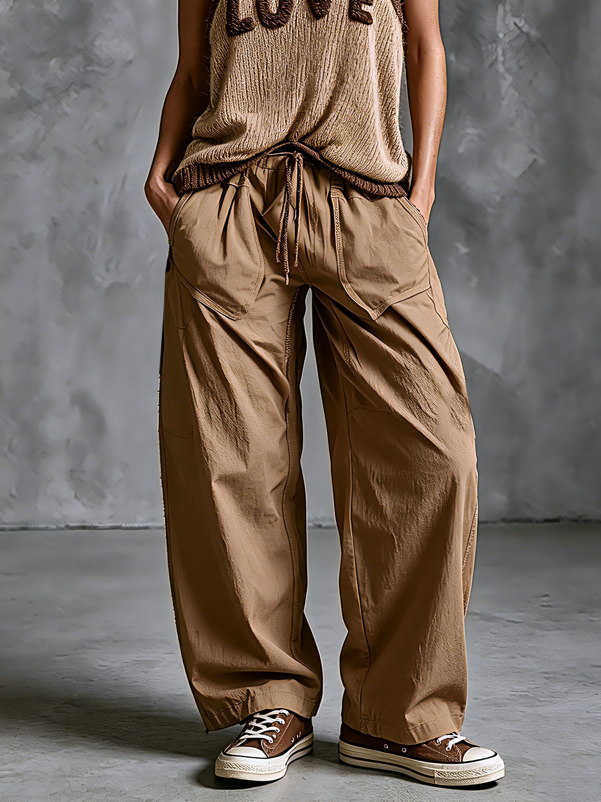 ElevenOra Chic Elegant Camel Waist Drawstring Patch Pocket  Loose-Fit Cotton Blend Wide-Leg Pants