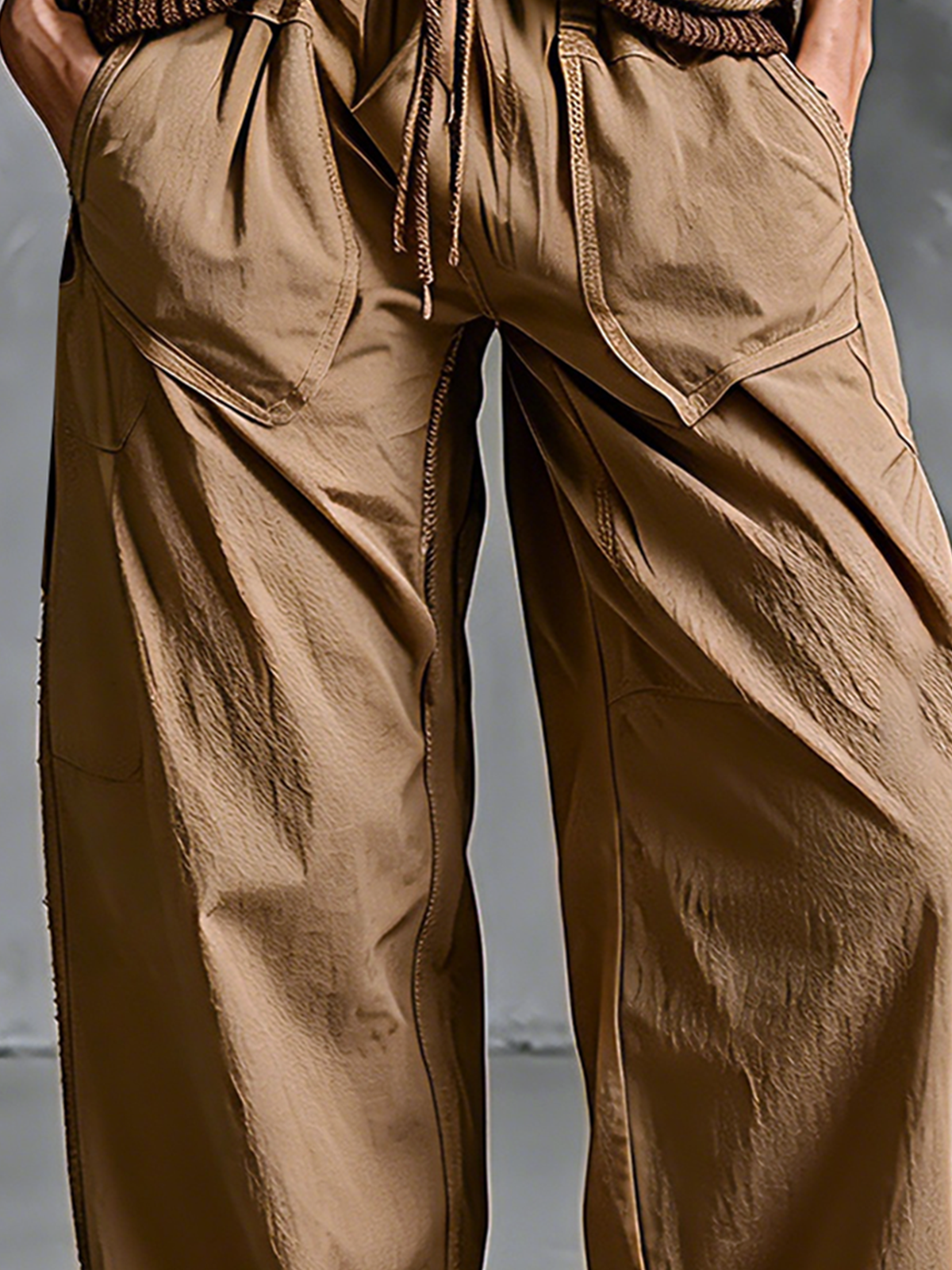 ElevenOra Chic Elegant Camel Waist Drawstring Patch Pocket  Loose-Fit Cotton Blend Wide-Leg Pants