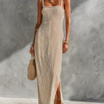 ElevenOra Chic Elegant Camel Stripes Cotton Blend Spaghetti Straps Square-Neck Side-Slit Detail Slim-Fit Maxi Dress