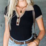 ElevenOra Chic Elegant Black-Camel Colorblock Button-Up Lapel-Collar Short-Sleeve Slim-Fit Rib Knit Sweater Top