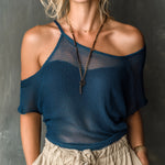 ElevenOra Chic Elegant Navy Blue Asymmetrical-Neck Cutout-Detail Short-Sleeve Regular-Fit Mesh Knit Sweater Top