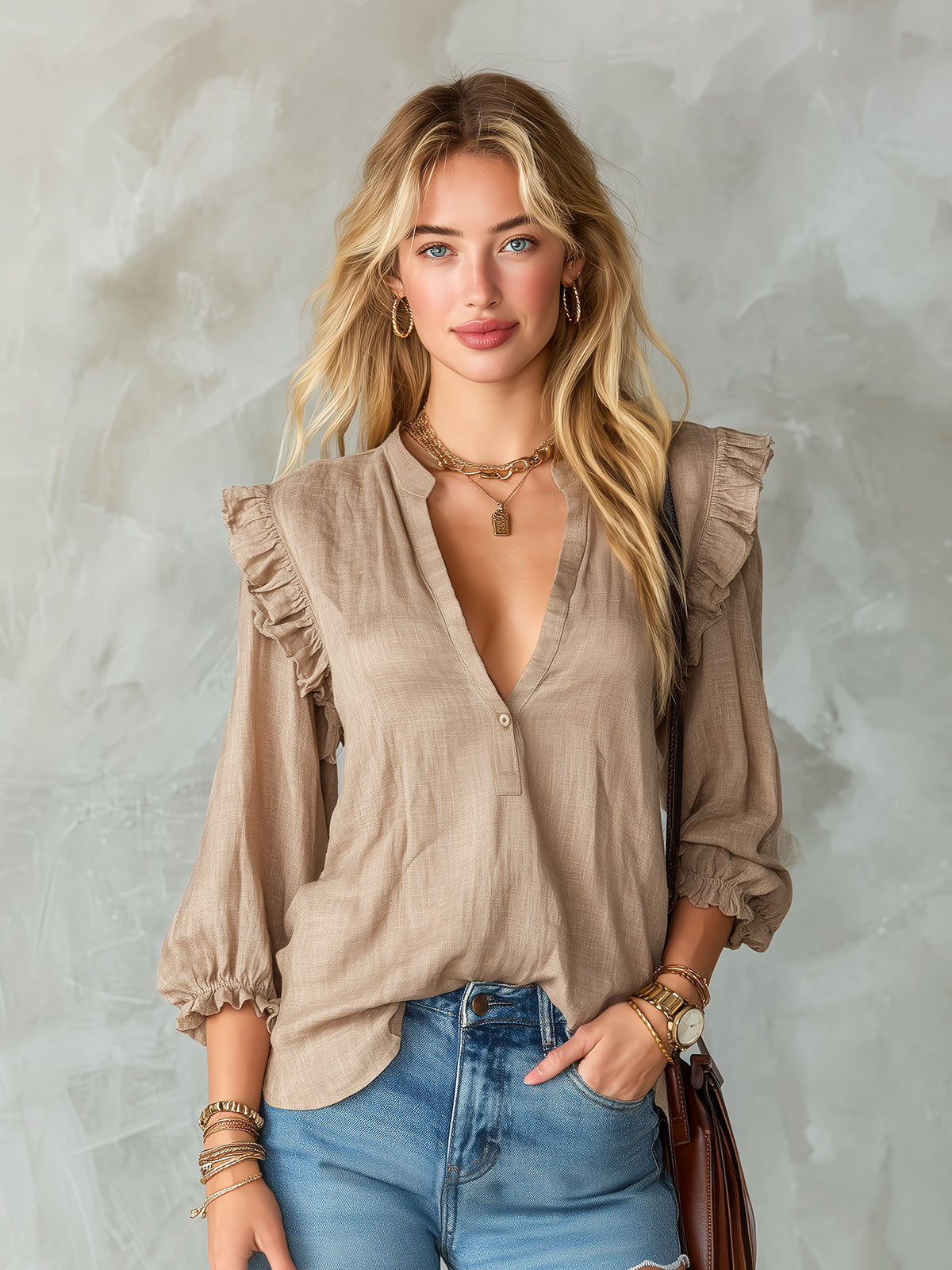 ElevenOra Chic Elegant Camel Cotton-Linen Blend V-Neck Ruffle Detail Lantern-Sleeve Loose-Fit Shirt
