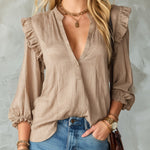 ElevenOra Chic Elegant Camel Cotton-Linen Blend V-Neck Ruffle Detail Lantern-Sleeve Loose-Fit Shirt