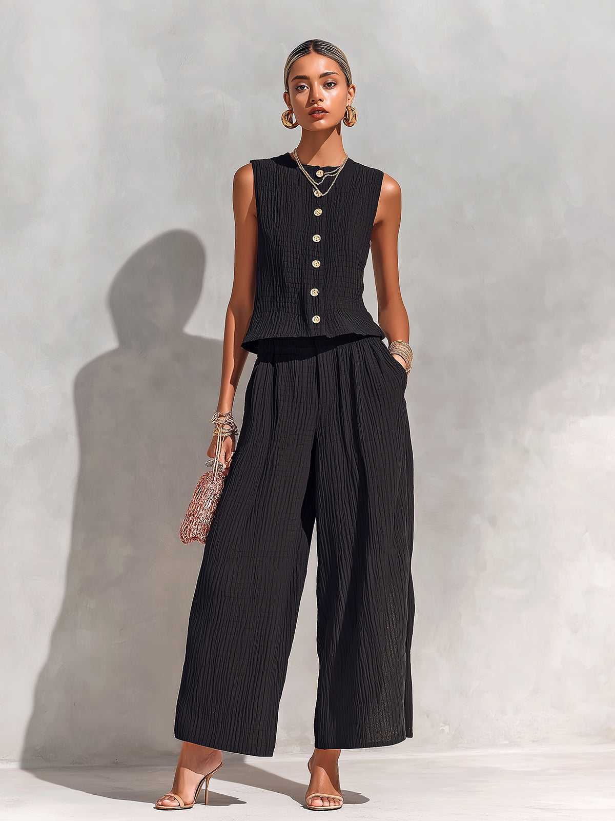 ElevenOra Chic Elegant Black Textured Cotton Blend Round-Neck Sleeveless Single-Breasted Loose-Fit Vest Wide-Leg Pants Two-Piece Set