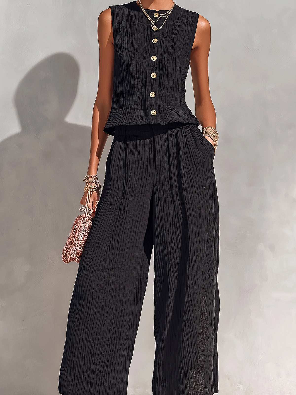 ElevenOra Chic Elegant Black Textured Cotton Blend Round-Neck Sleeveless Single-Breasted Loose-Fit Vest Wide-Leg Pants Two-Piece Set