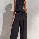 ElevenOra Chic Elegant Black Textured Cotton Blend Round-Neck Sleeveless Single-Breasted Loose-Fit Vest Wide-Leg Pants Two-Piece Set