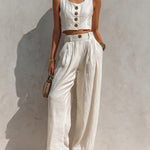 ElevenOra Chic Elegant White Pleated Cotton Blend Square-Neck Sleeveless Single-Breasted Cropped Vest Wide-Leg Pants Two-Piece Set
