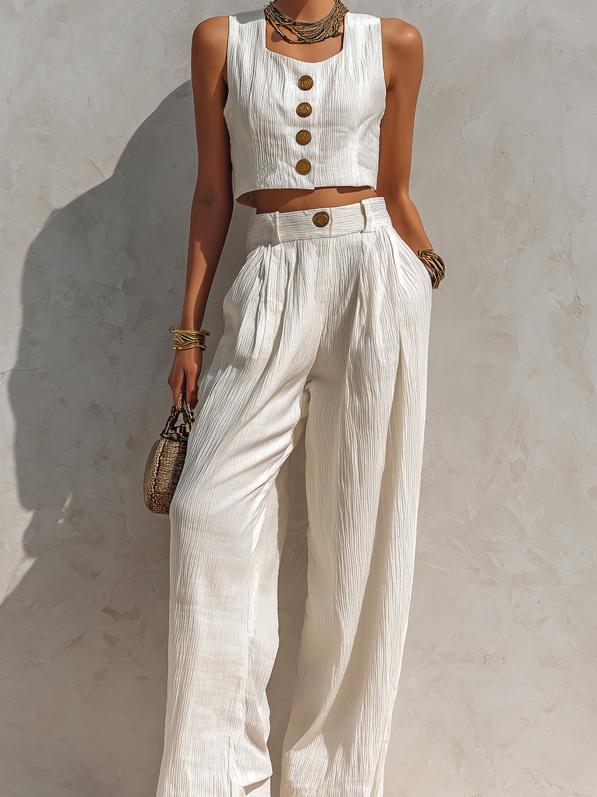 ElevenOra Chic Elegant White Pleated Cotton Blend Square-Neck Sleeveless Single-Breasted Cropped Vest Wide-Leg Pants Two-Piece Set