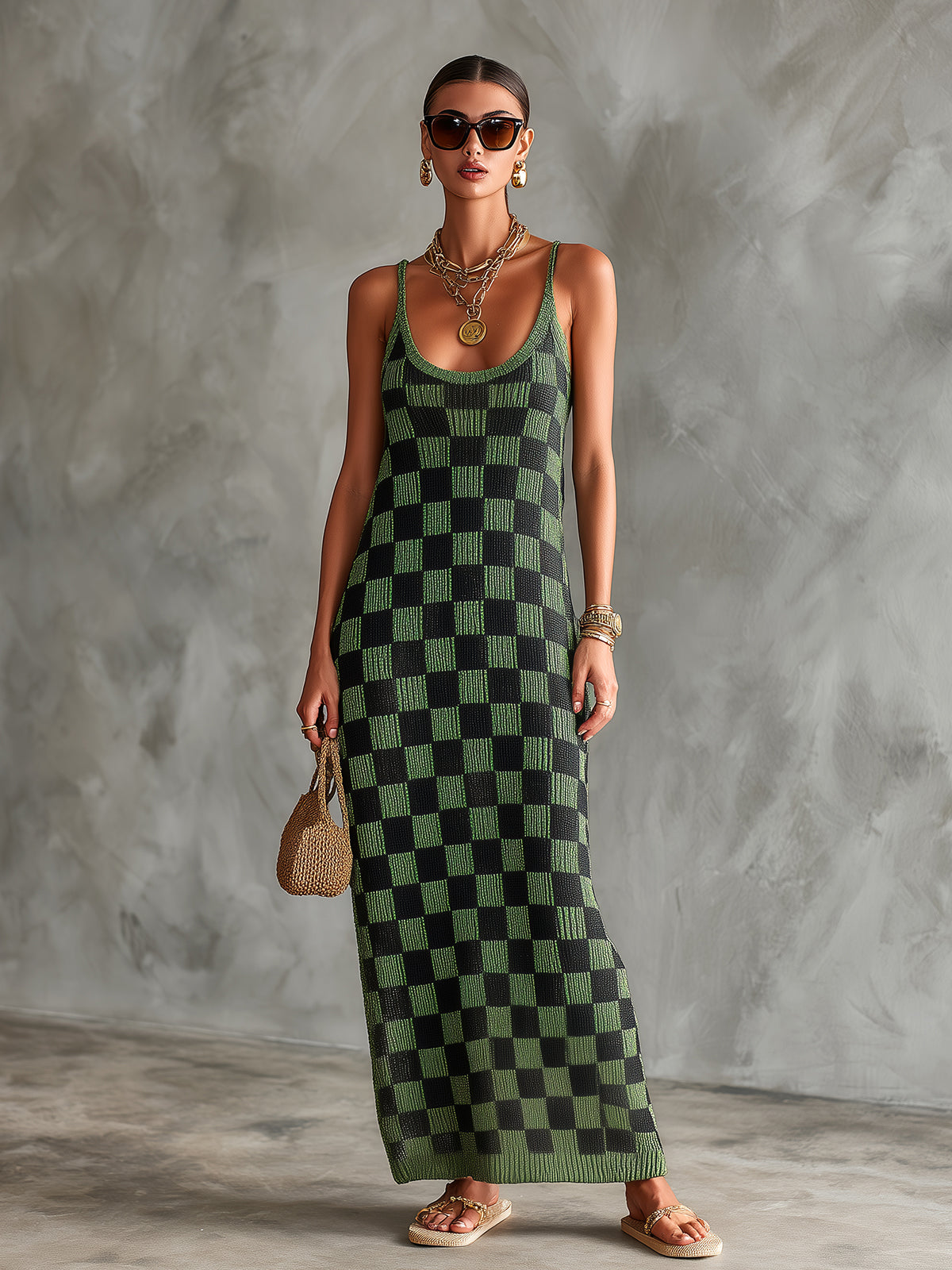 ElevenOra Chic Elegant Green-Black Checkerboard Pattern Spaghetti Straps U-Neck Sleeveless Slim-Fit Knit Maxi Dress