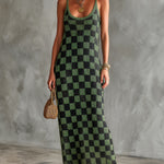 ElevenOra Chic Elegant Green-Black Checkerboard Pattern Spaghetti Straps U-Neck Sleeveless Slim-Fit Knit Maxi Dress