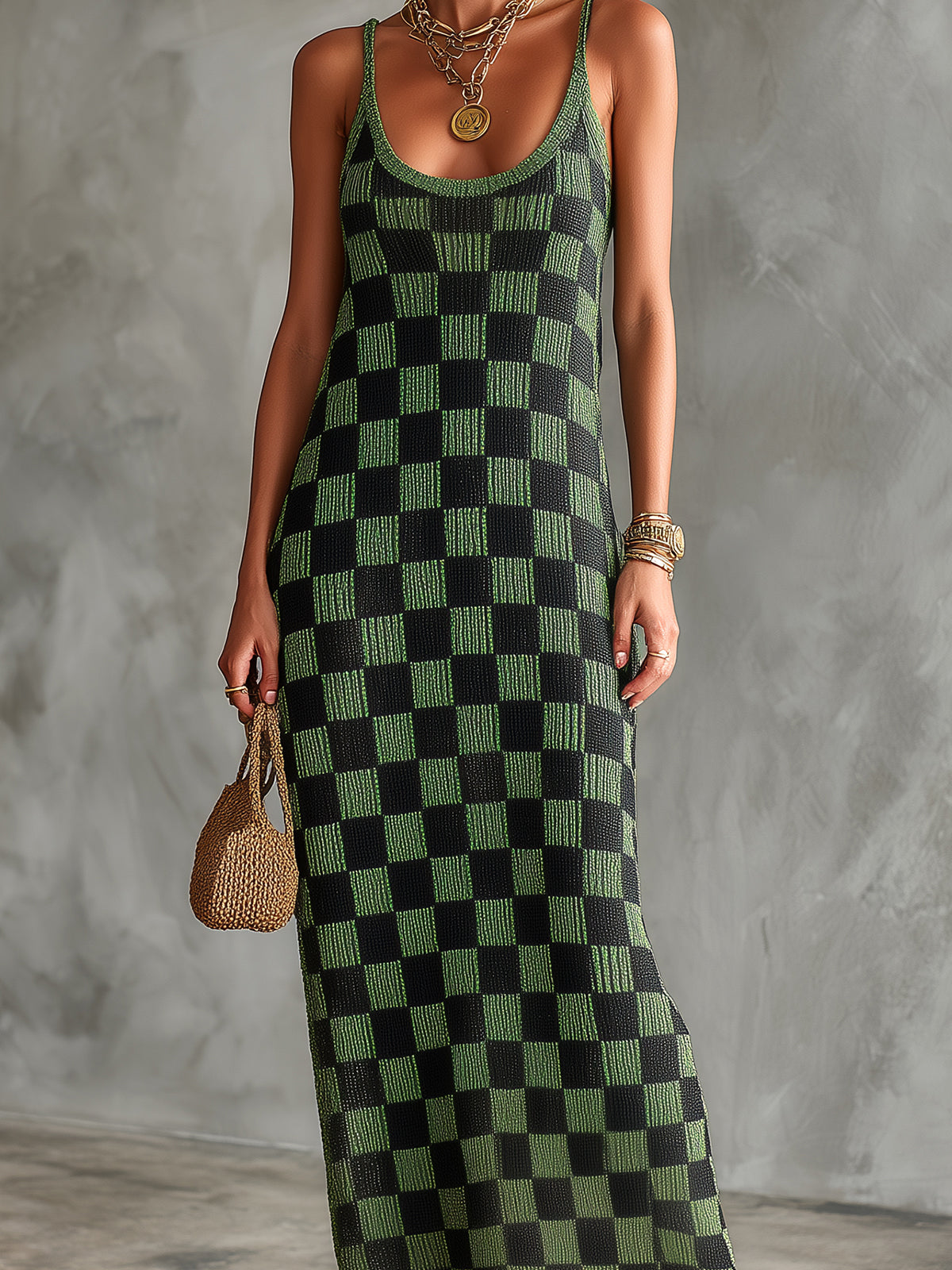 ElevenOra Chic Elegant Green-Black Checkerboard Pattern Spaghetti Straps U-Neck Sleeveless Slim-Fit Knit Maxi Dress