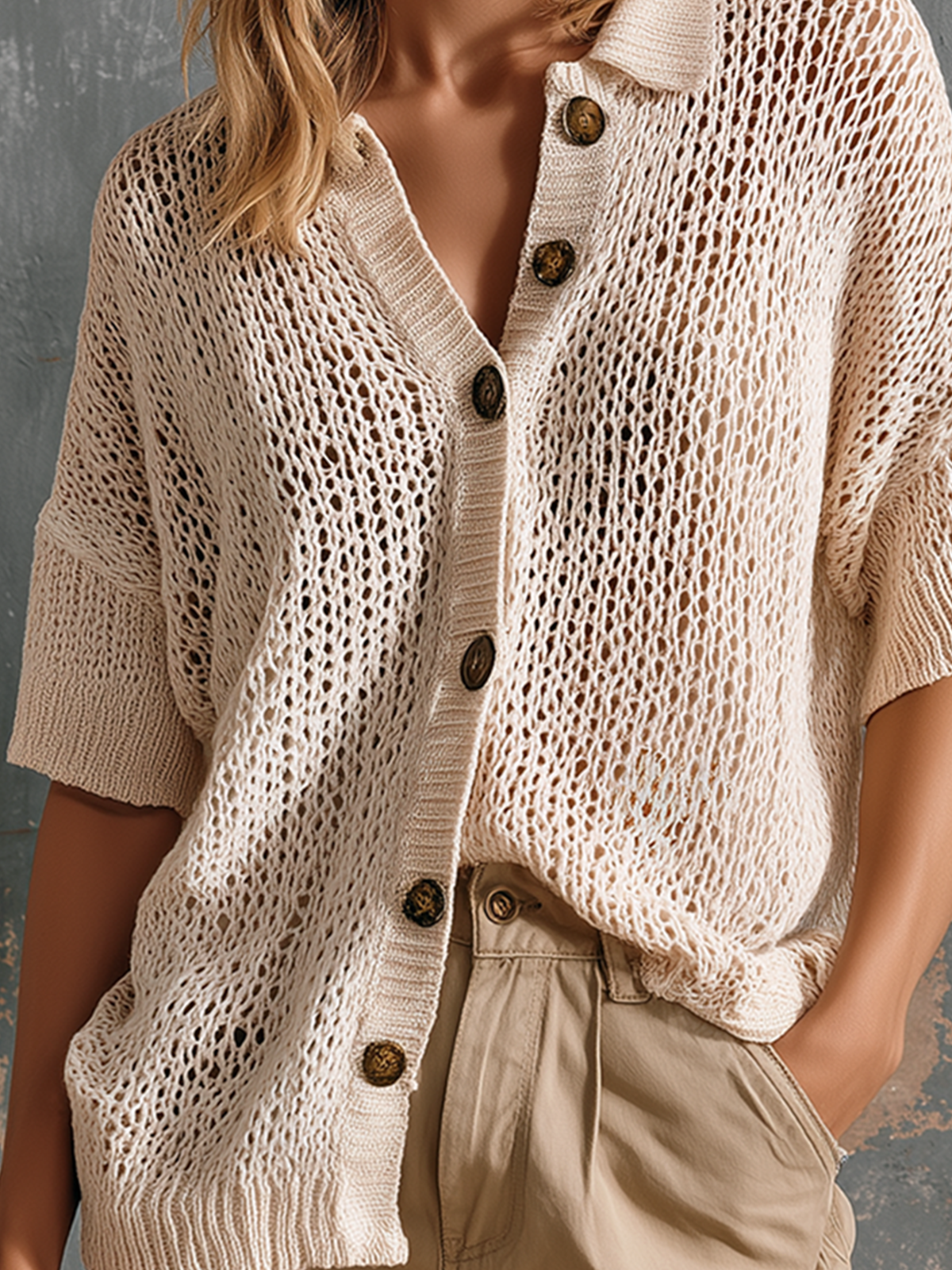 ElevenOra Chic Casual Cream Polo Collar Single-Breasted Drop Shoulder Short Sleeve Loose-Fit Mesh Knit Cardigan Top