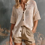 ElevenOra Chic Casual Cream Polo Collar Single-Breasted Drop Shoulder Short Sleeve Loose-Fit Mesh Knit Cardigan Top
