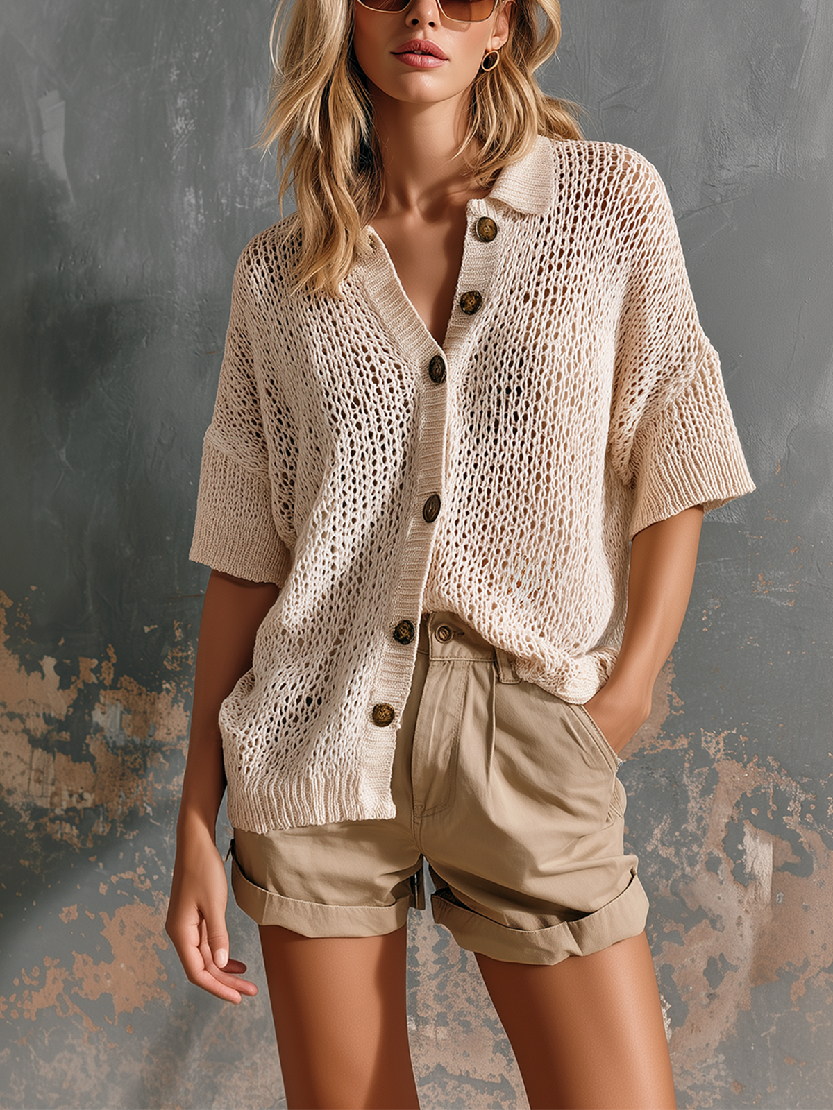 ElevenOra Chic Casual Cream Polo Collar Single-Breasted Drop Shoulder Short Sleeve Loose-Fit Mesh Knit Cardigan Top