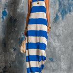 ElevenOra Chic Elegant Royal Blue-White Colorblock Halter-Neck Sleeveless Loose-Fit A-Line Knit Maxi Dress