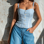 ElevenOra Chic Elegant Blue-White Stripes Spaghetti Straps Sweetheart Neck Button-Front Sleeveless Slim-Fit Cotton-Linen Blend Tank Top