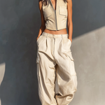 ElevenOra Chic Casual Off-White Cotton-Linen Blend Stand Collar Zipper-Up Patch Pockets Sleeveless Slim-Fit Vest Top Cargo Wide-Leg Pants Two-Piece Set