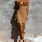 ElevenOra Chic Elegant Camel Spaghetti Straps V-Neck Lace Hem Sleeveless Slim-Fit Ribbed Knit Mini Dress