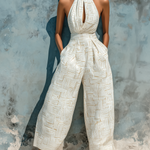 ElevenOra Chic Elegant White Halter Neck Geometric Line Print  Keyhole Cutout Sleeveless Tailored-Waist Cotton Blend Wide-Leg Jumpsuit