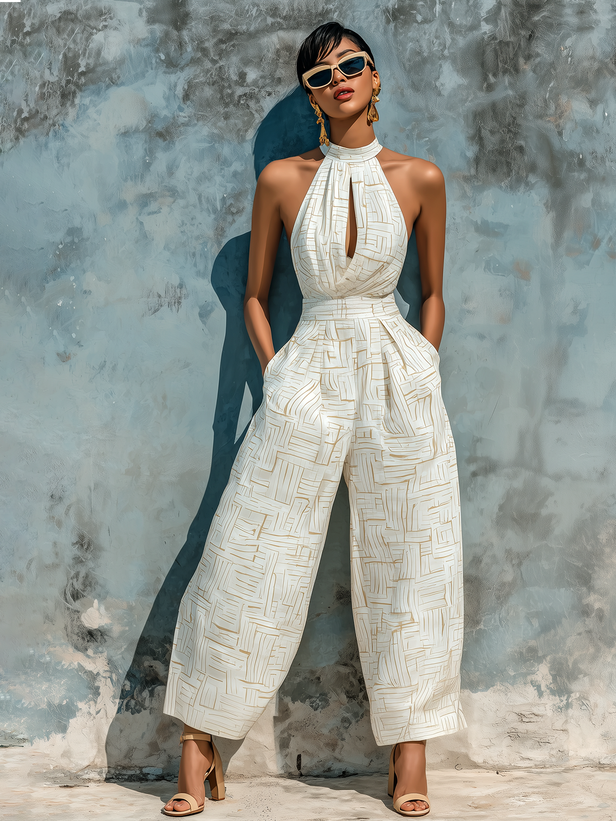 ElevenOra Chic Elegant White Halter Neck Geometric Line Print  Keyhole Cutout Sleeveless Tailored-Waist Cotton Blend Wide-Leg Jumpsuit