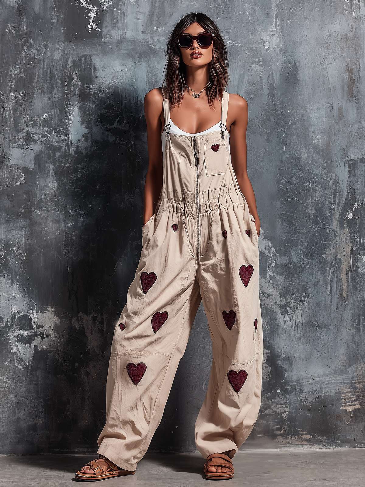 ElevenOra Chic Elegant Beige Adjustable Buckle Straps Heart Embroidery Zipper-Up Patch Pockets Tailored-Waist Loose-Fit Cotton Blend Wide-Leg Jumpsuit